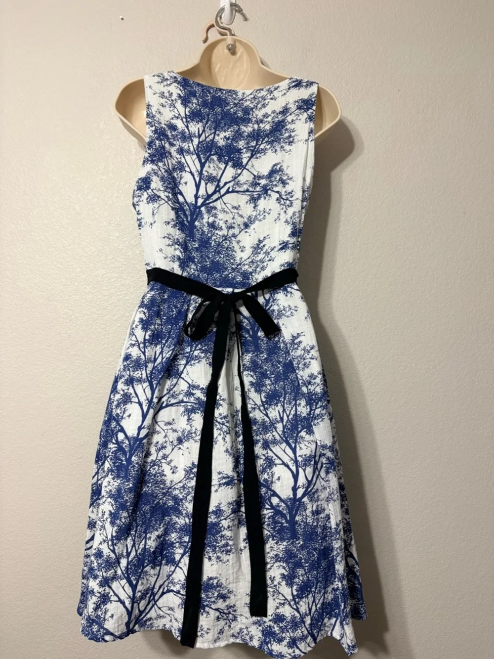 Frock Shop Blue White Toile Tree Print Sleeveless A-line Dress w Black Waist Tie - Picture 7 of 16